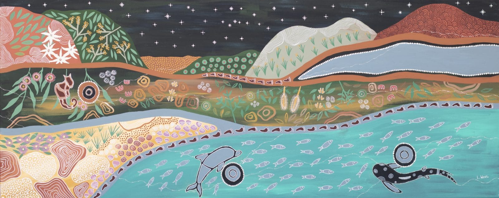 Nyiirunba Barray, Nyiirunba Djuyal by Lara Went — a painting of sea, land and sky Country showing the grey nurse shark, dolphin and possum totems across layered mountains, bushland and coastline beneath a starry night sky.