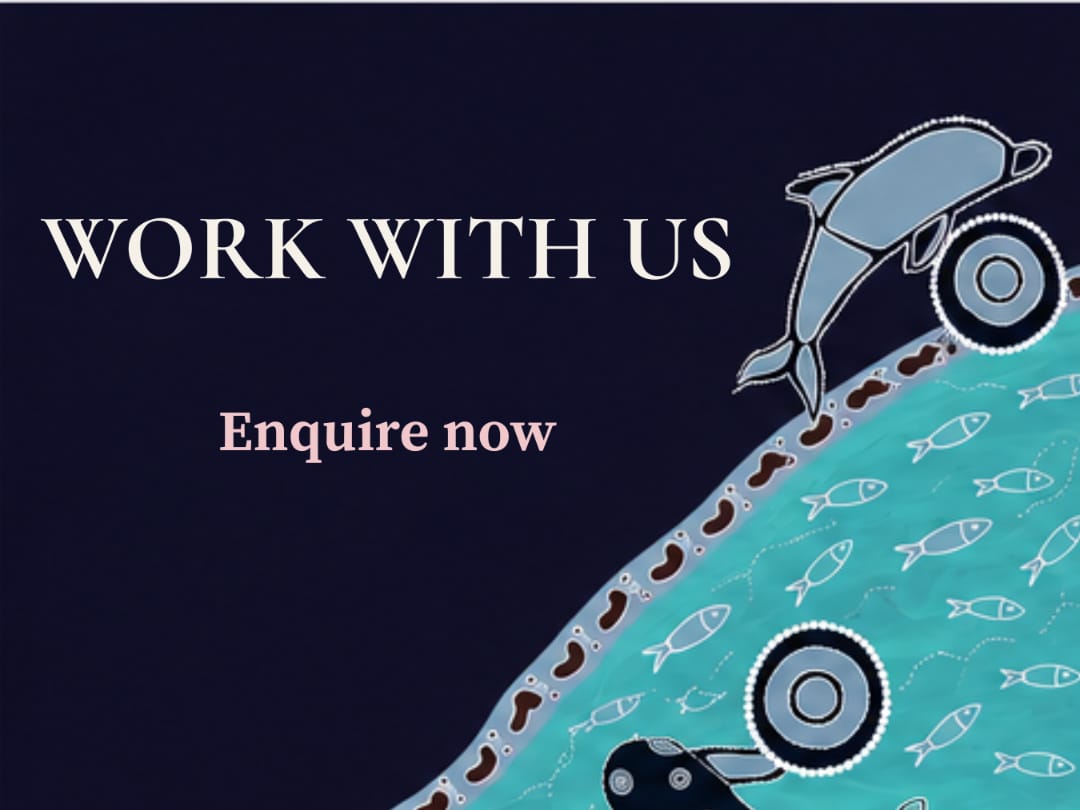 Work with us — Enquire now. Gathangga Wakulda Aboriginal Corporation artwork of dolphins, whale and fish